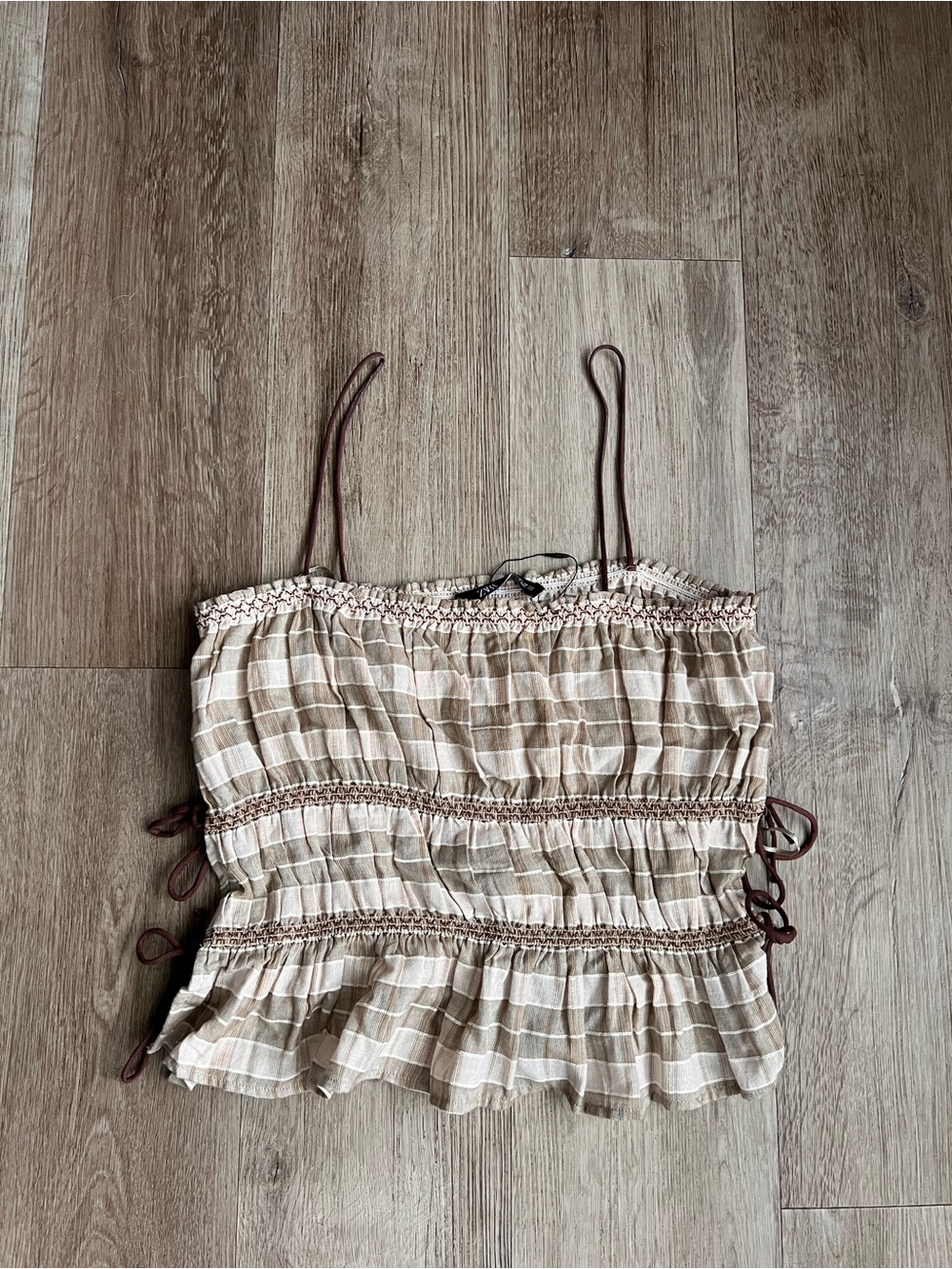 Zara Beige Plaid Smocked Cami Top with Brown Straps